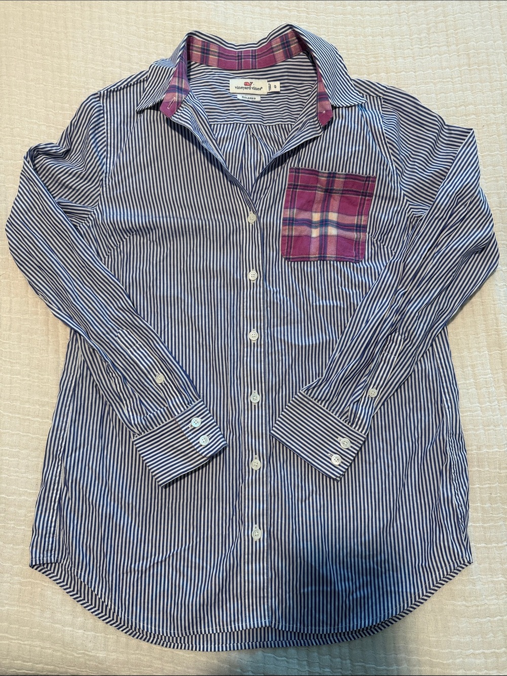 Vineyard Vines Blue and White Striped Button-Down with Plaid Pocket